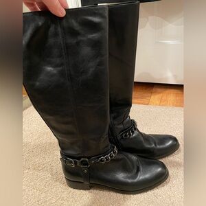 Coach Black Leather Knee-High Boots with Chain Detail